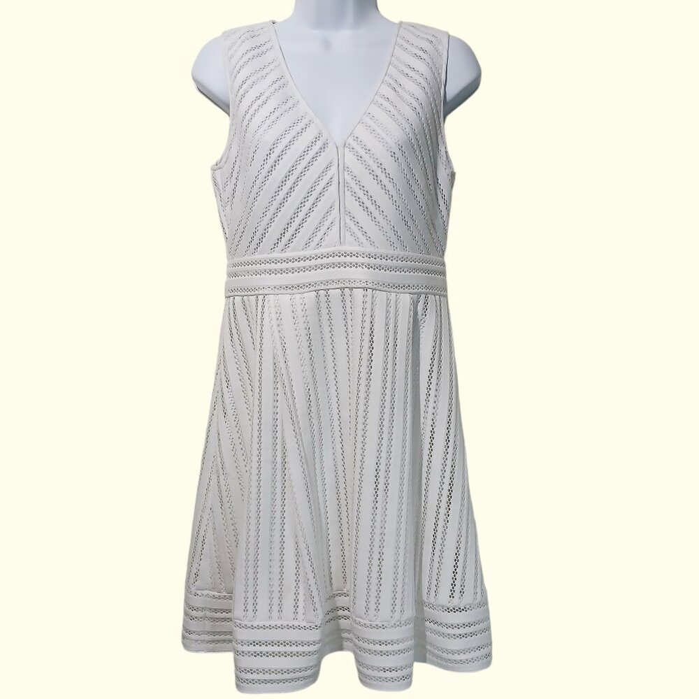 J.CREW White Sleeveless Striped Eyelet A-Line Zip V-Neck Midi Dress Size 8P